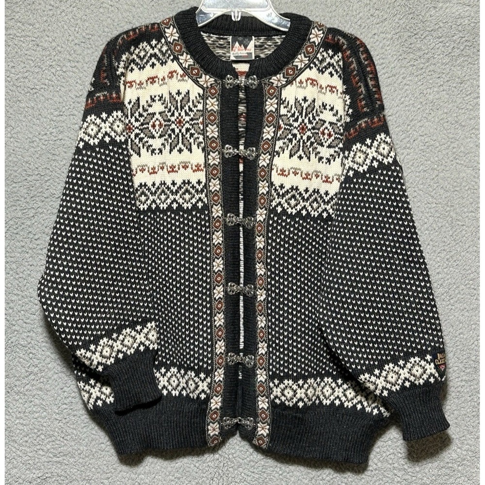 Vintage 80s Dale of Norway Cardigan Sz XL Nordic Fair Isle Snowflake Ski Sweater